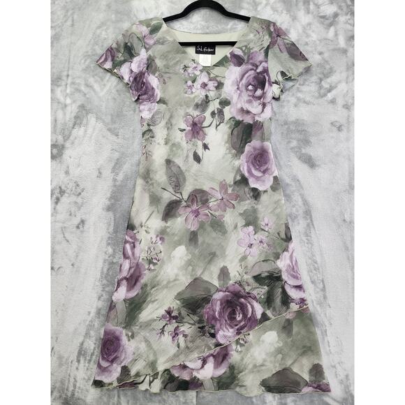 S.L. Fashions Dresses & Skirts - Vintage 90s SL‎ Fashions Floral Asymmetric Chiffon Overlay V-Neck Dress 8 Green